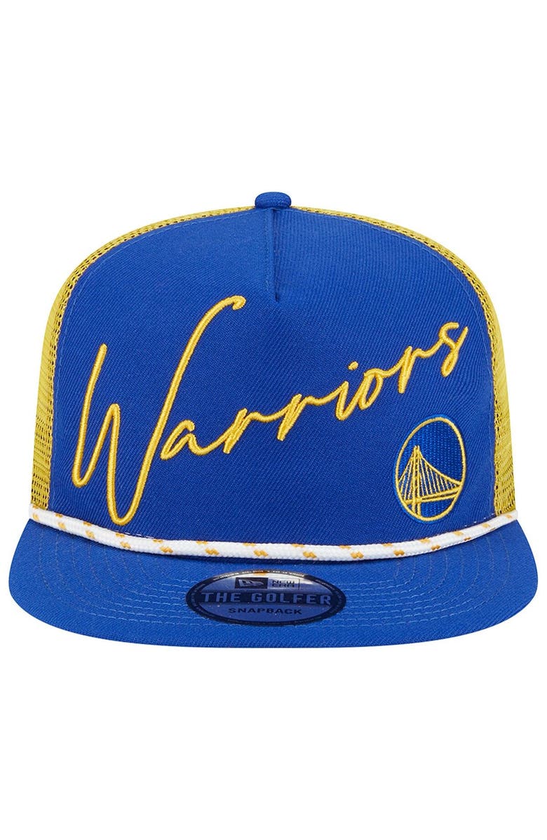 New Era Men's New Era Blue Golden State Warriors Script Logo Golfer 9FIFTY Snapback Hat, Alternate, color, 