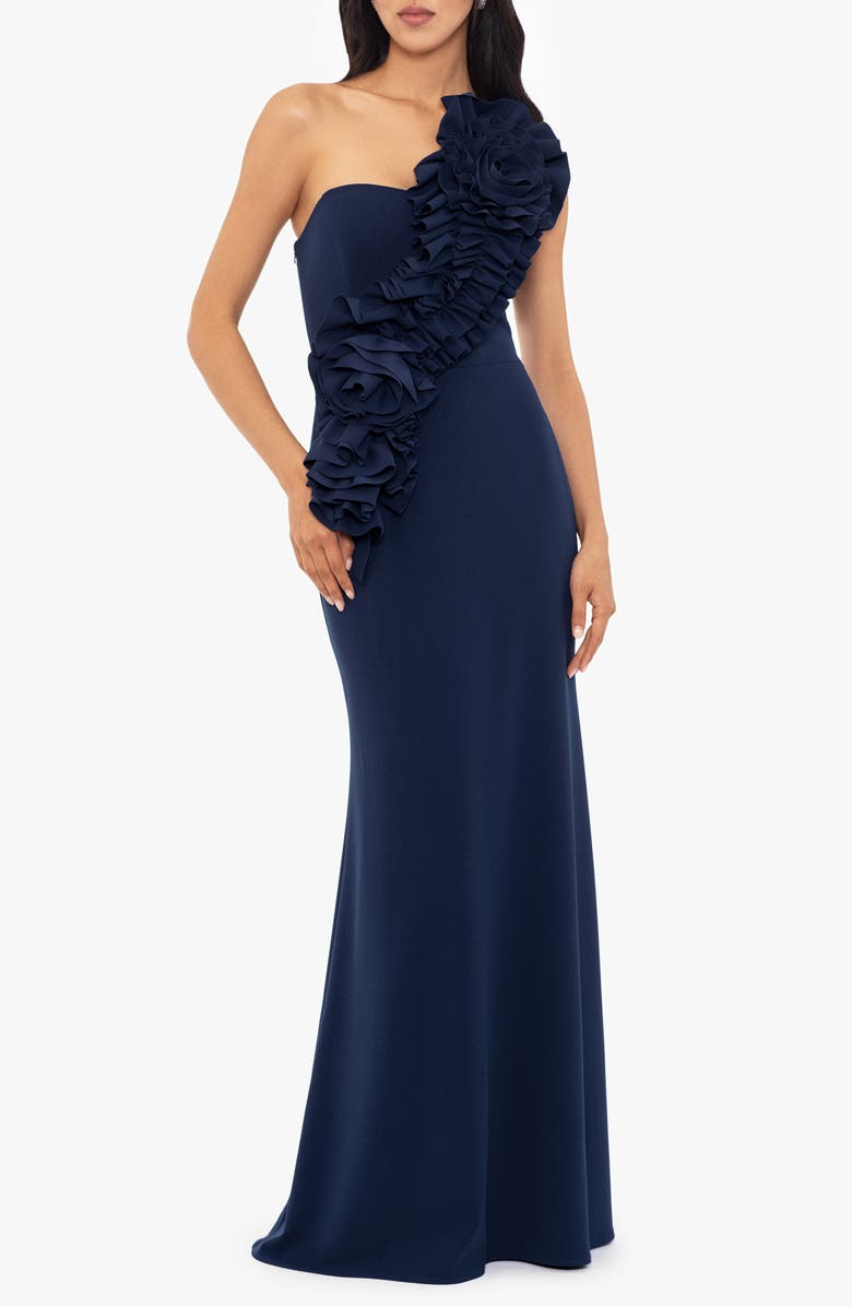 Betsy & Adam Rosette One-Shoulder Trumpet Gown, Main, color, Navy