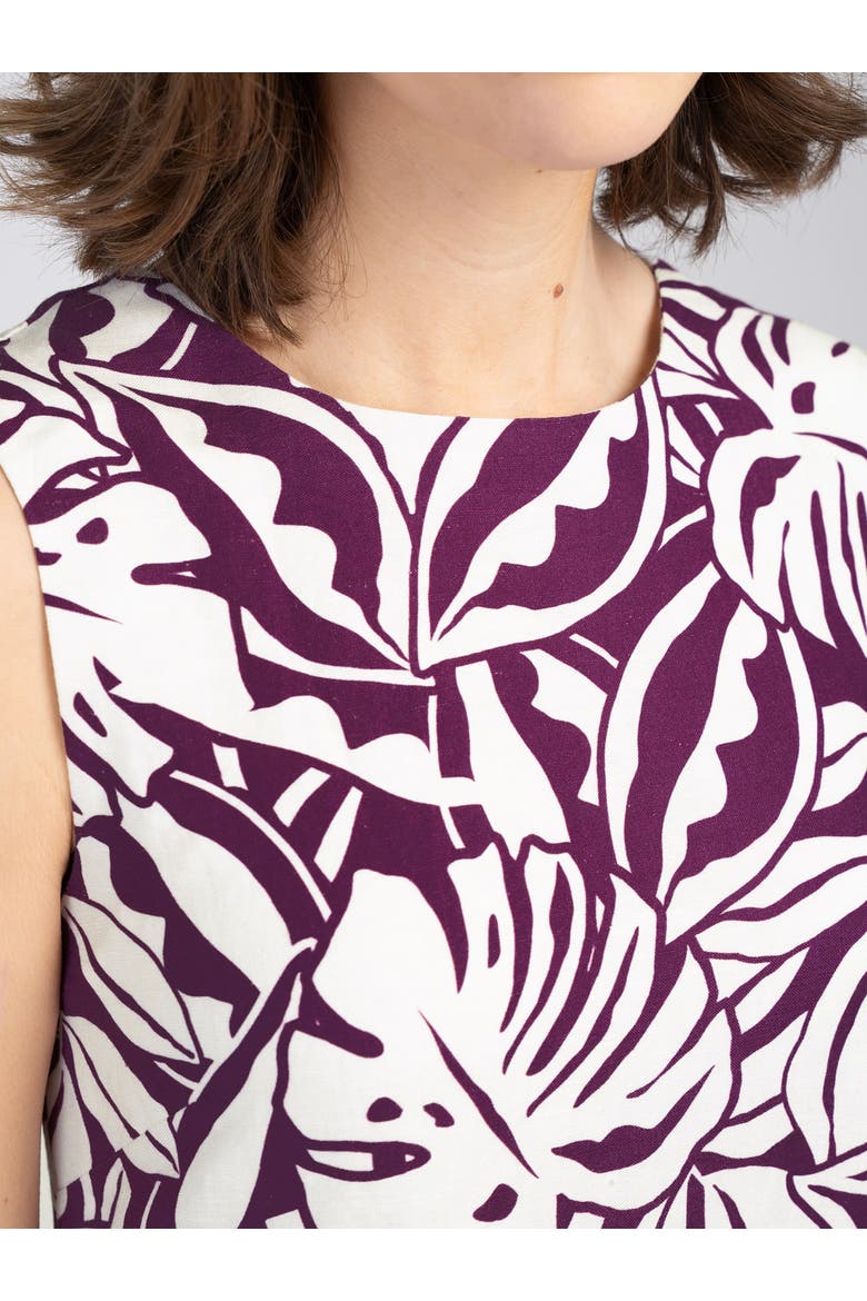 Sleeveless Printed Linen Shift Dress, Alternate, color, Fig & Soft White Leaf Print