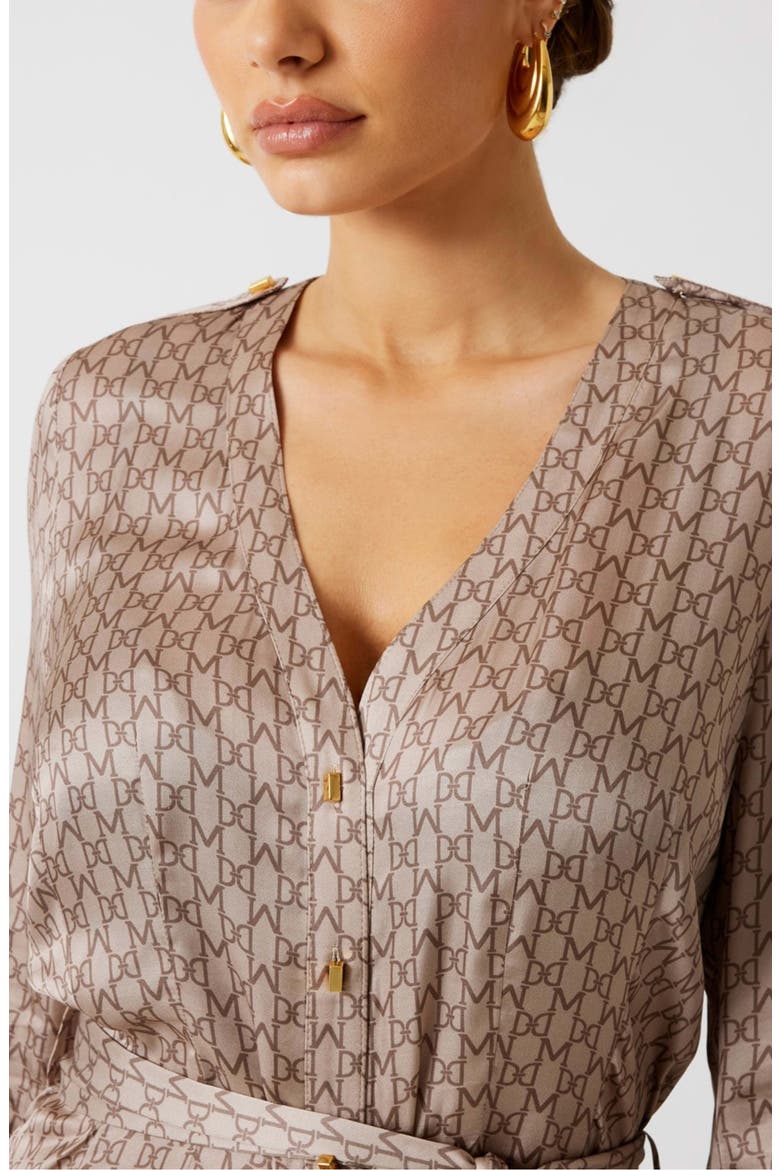 Britney Logo Print Long Sleeve Satin Shirtdress, Alternate, color, BEIGE
