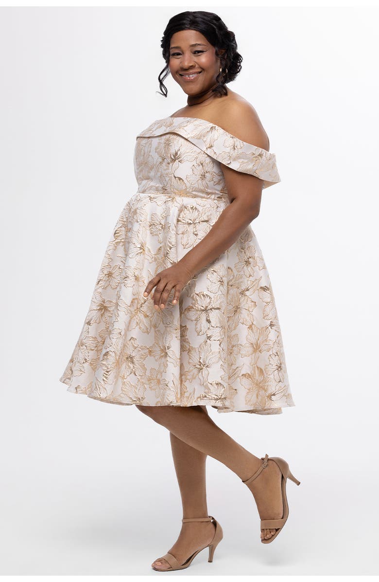 Celebrations by Sydney's Closet Off-The-Shoulder Brocaade Plus Size Party Dress, Alternate, color, Gold Floral