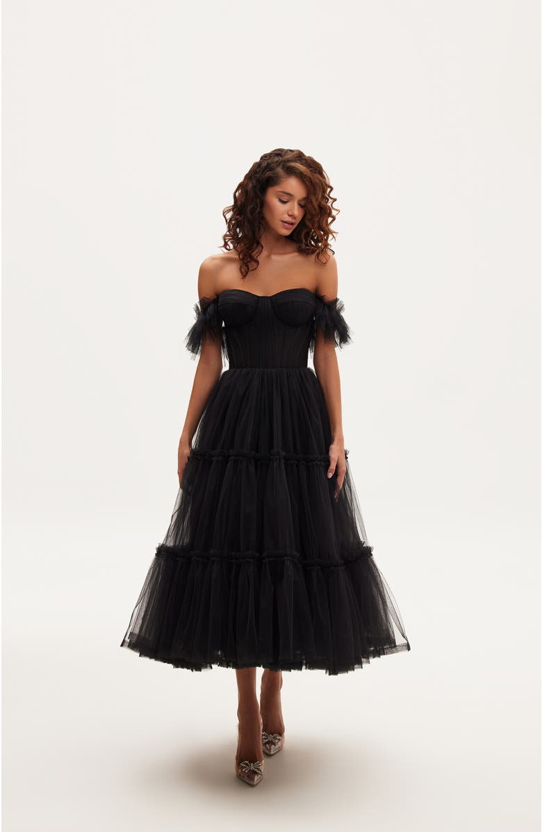 Milla Ruffled Tulle Midi Dress, Alternate, color, Black