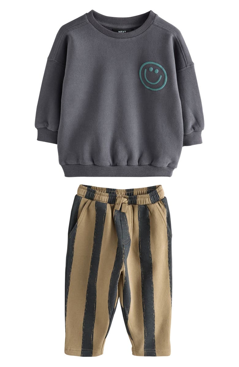 NEXT Kids' Smiley Sweatshirt & Stripe Sweatpants Set, Main, color, Black