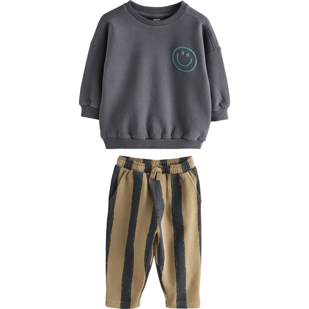 Next Kids' Smiley Sweatshirt & Stripe Sweatpants Set In Brown