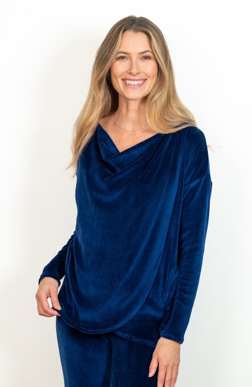 Jjwinks Sweater Weather Built-in Shelf Off-the-shoulder Velour Long Sleeve Holiday Top In Sapphire