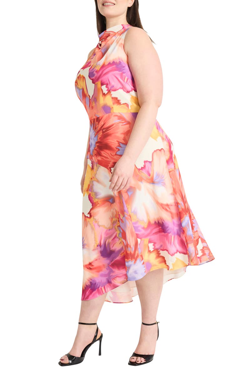 Maggy London Watercolor Asymmetric Midi Dress, Alternate, color, Ivory/ Orange