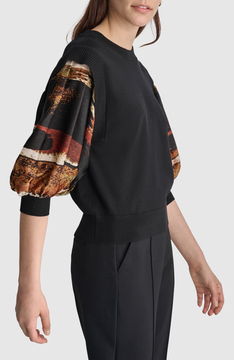DKNY Print Sleeve Mixed Media Sweater, Alternate, color, Black/ Paint Stroke