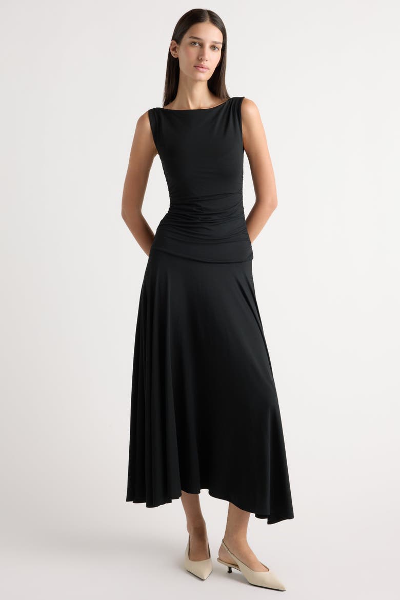 Tamsin Ruched Drop-Waist Maxi Dress, Alternate, color, Black