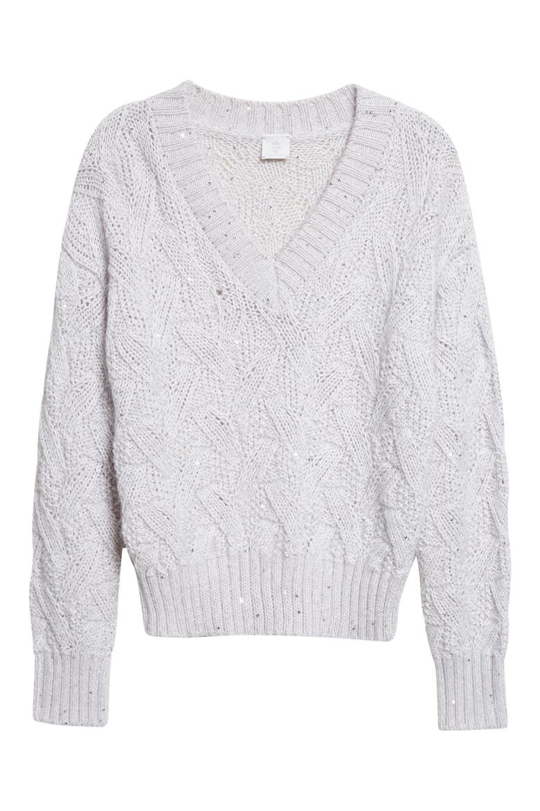 Cable Knit V-Neck Sweater, Alternate, color, 75 PEARL GRAY