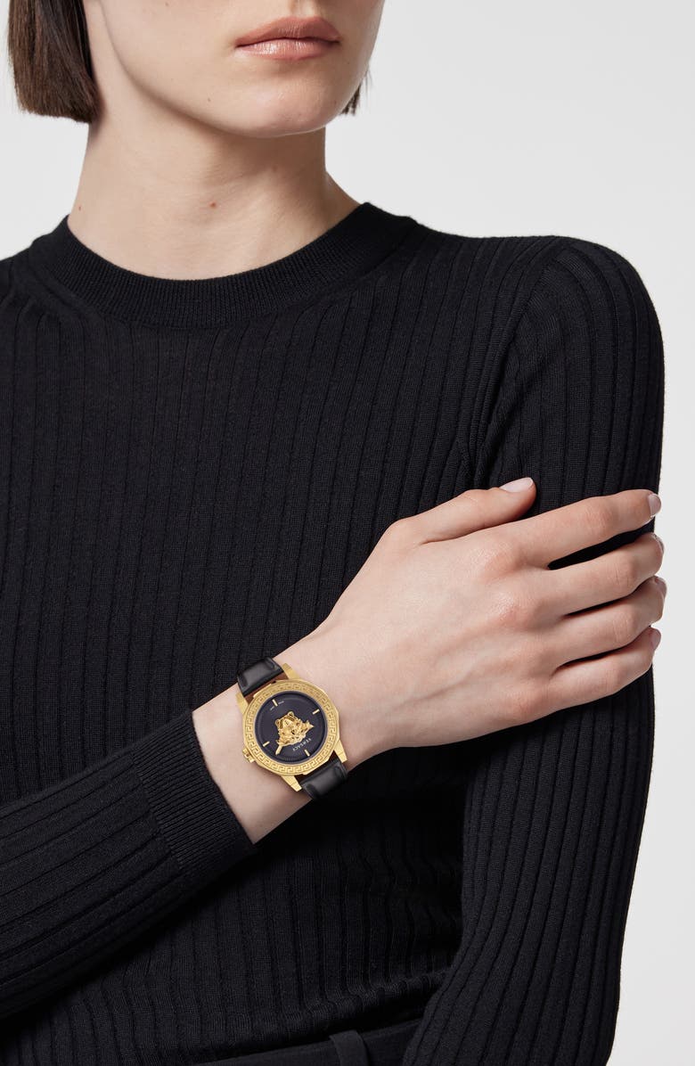 Versace Medusa Deco Leather Strap Watch, 38mm, Alternate, color, Ip Yellow Gold