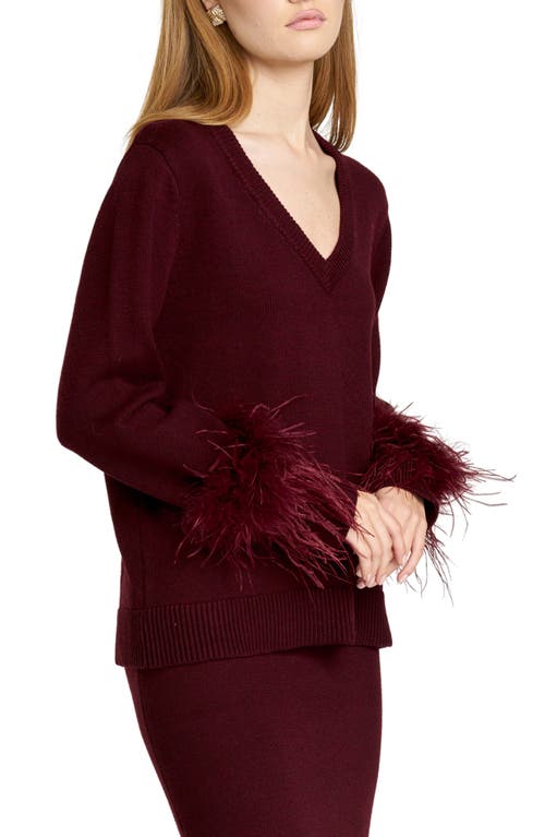 Wayf Bethany Feather Trim Sweater In Burgundy