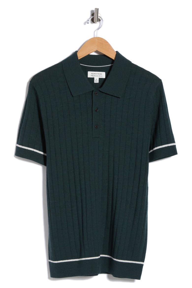 Ribbed Merino Wool Polo, Alternate, color, GREEN GABLES HEATHER