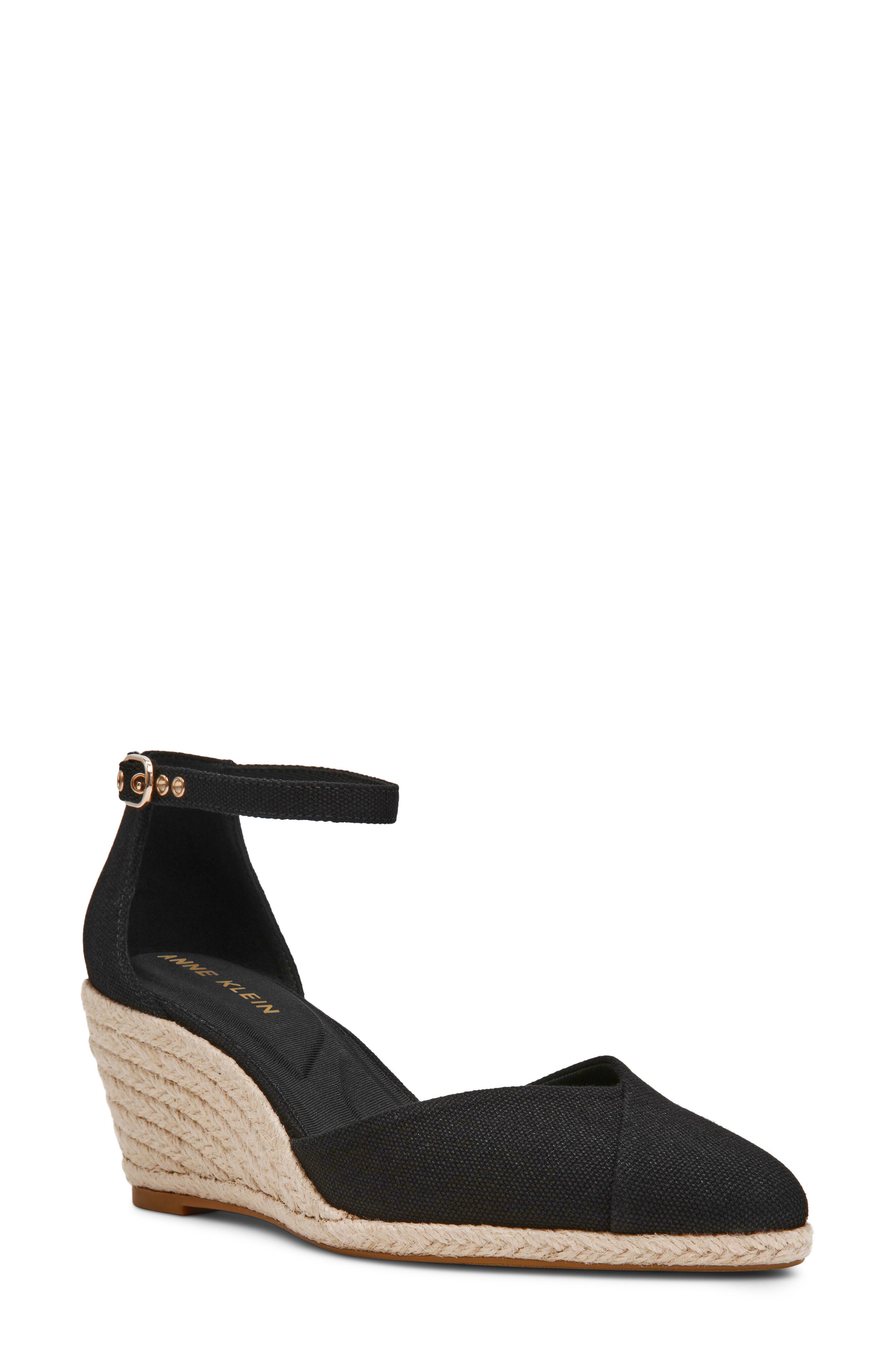 Anne Klein Wilmott Ankle Strap Espadrille Wedge Sandal, Main, color, Black Canvas
