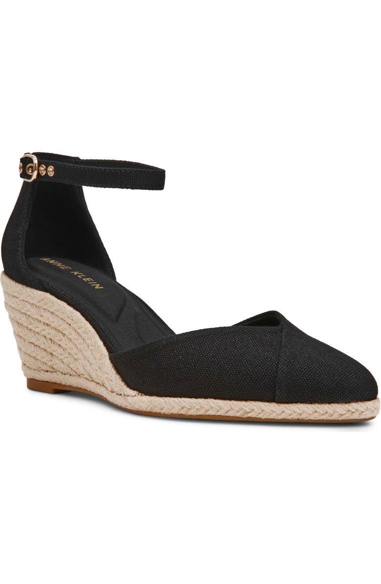 Anne Klein Wilmott Ankle Strap Espadrille Wedge Sandal, Main, color, Black Canvas