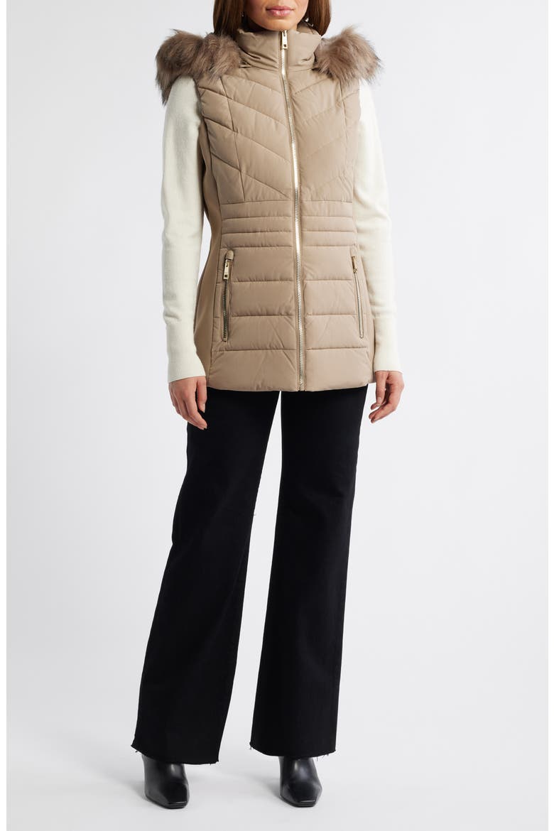 Faux Fur Trim Quilted Vest, Main, color, TAUPE