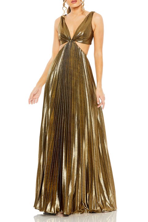 Pleated Metallic Cutout Bodice With Open Back Gown