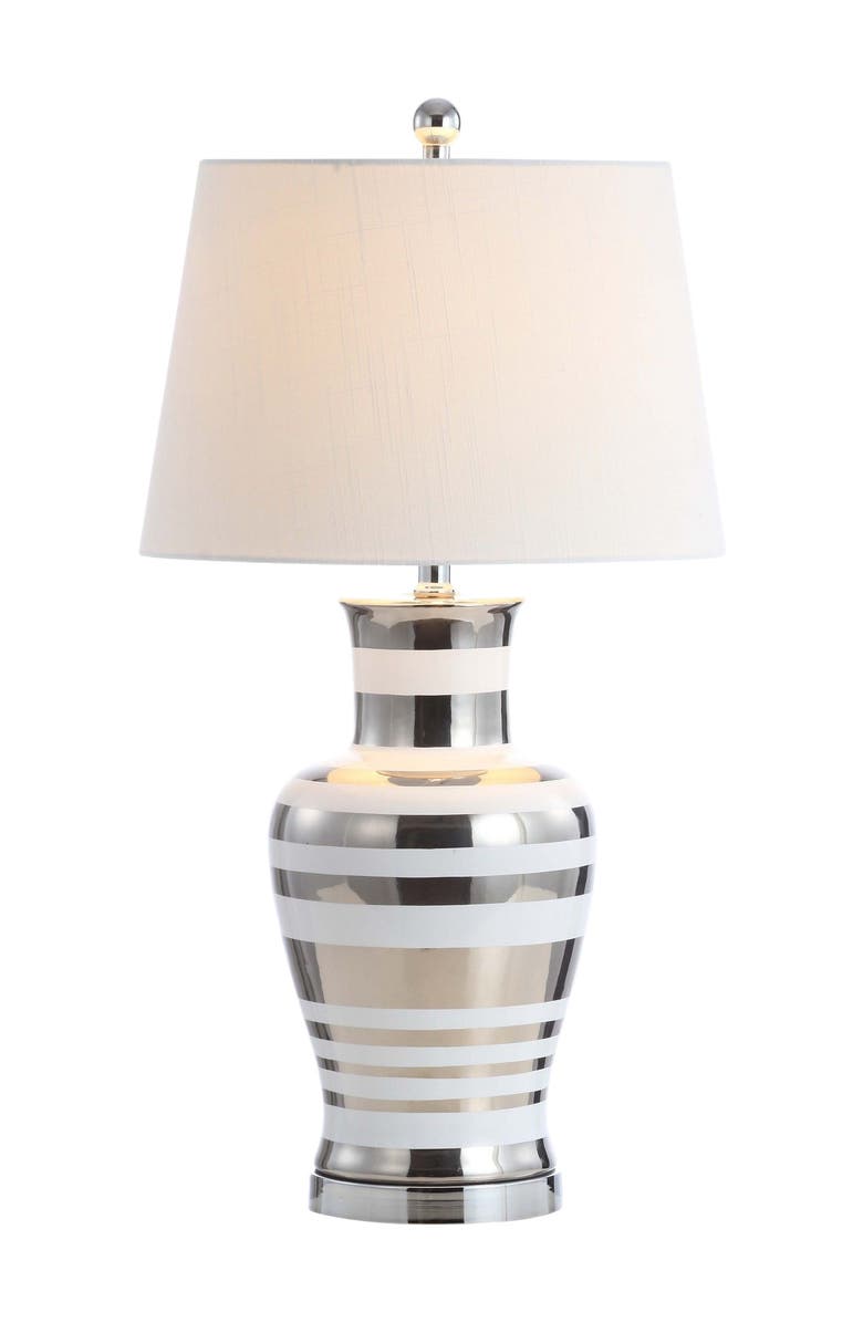 JONATHAN Y Zilar Striped 28.75" Ceramic/Iron Classic Modern LED Table Lamp, Silver, Main, color, Silver/White