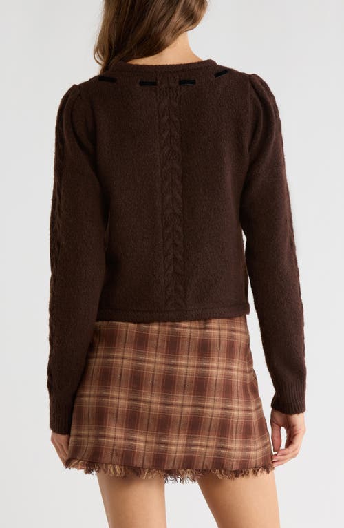 Wayf X Sara Walker Jackie Velvet Bow Cable Stitch Cardigan In Brown