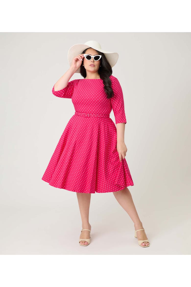 Plus Size Three Quarter Sleeve Belted Devon Swing Dress, Alternate, color, Pink w/ White Pindot