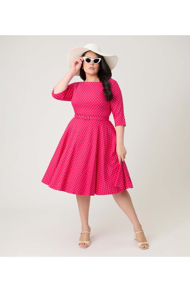 Unique Vintage Plus Size Three Quarter Sleeve Belted Devon Swing Dress, Alternate, color, Pink W/ White Pindot