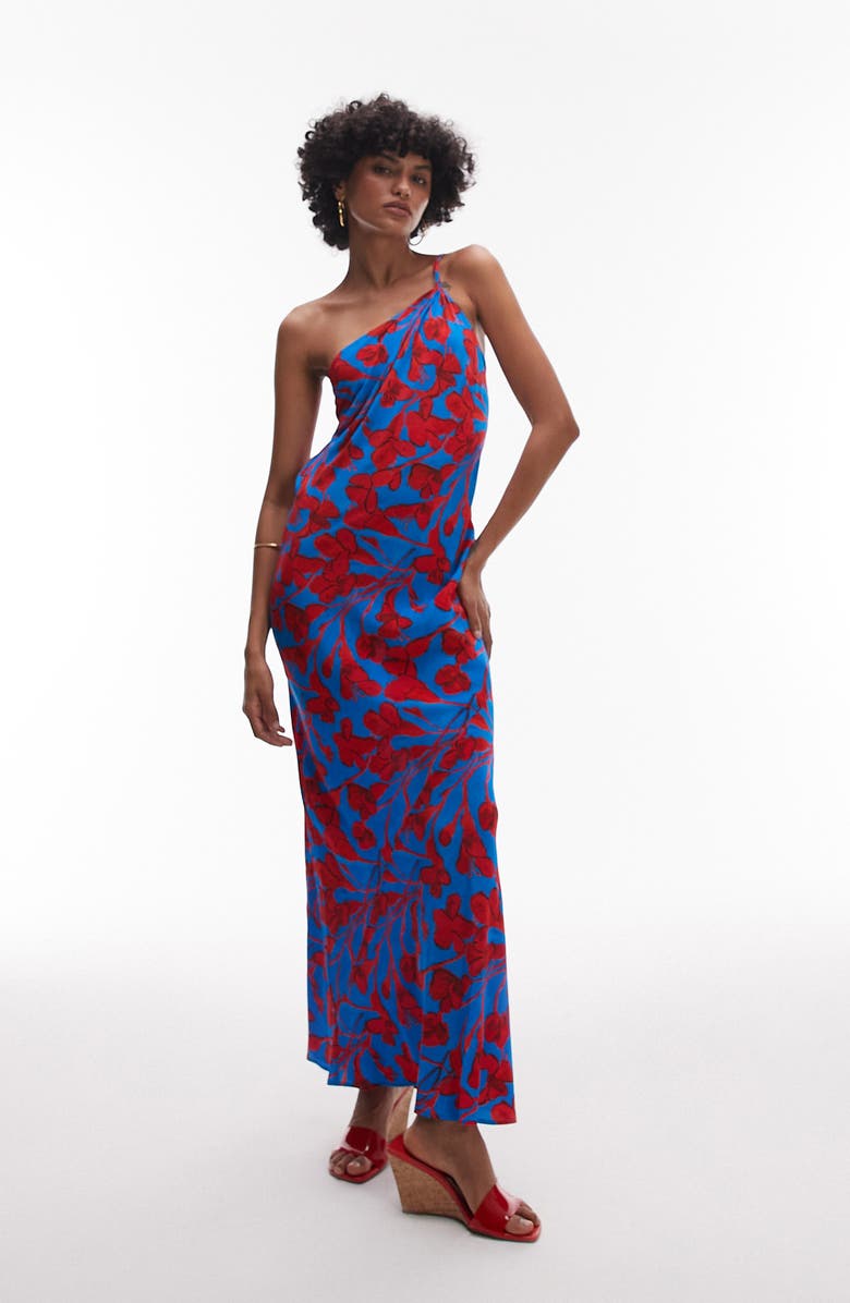 Topshop Floral One-Shoulder Maxi Dress, Main, color, Blue Multi