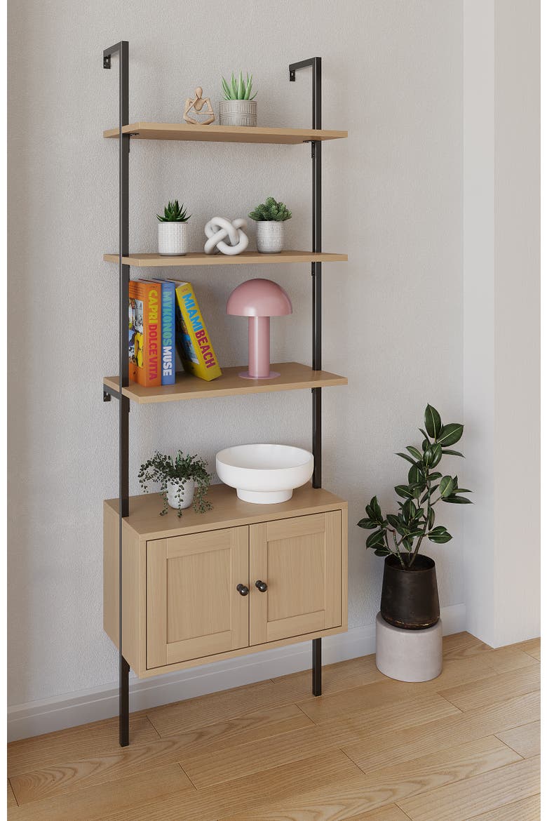 Tulare MidCentury Industrial 4-Shelf Wood Wall-Mounted Open Ladder Bookcase with Cabinet and Metal Frame, Alternate, color, Light Oak/Black
