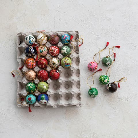 Round Hand-Painted Paper Mache Ball Ornaments in Egg Crate, Set of 24