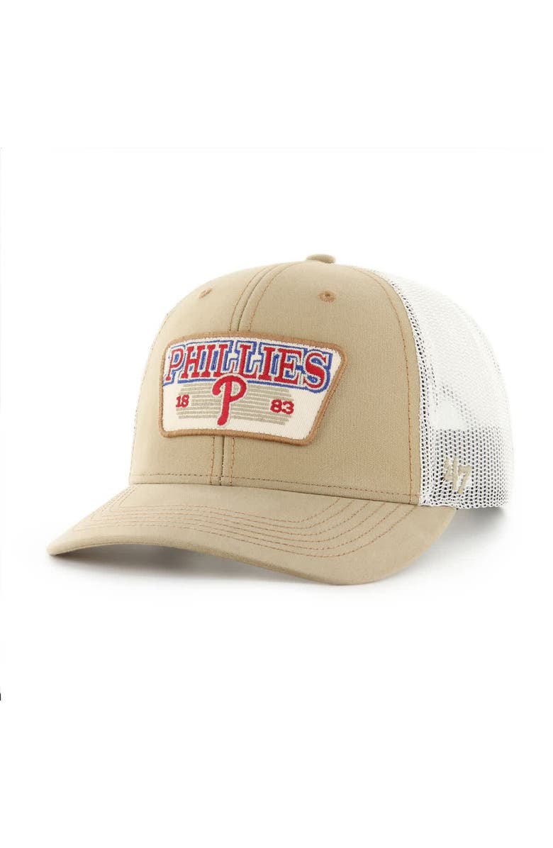 '47 Men's '47 Khaki Philadelphia Phillies Ridgewood Trucker Adjustable Hats, Main, color, 