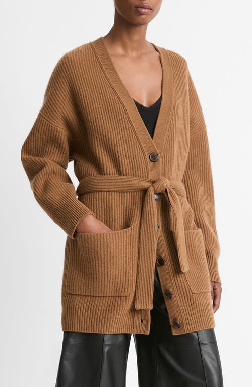 Vince Leather Belt Ribbed Cardigan Sweater In Almond