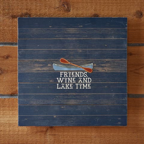 Friends Wine Time Wall Art Blue Multi Wood Sign Panel