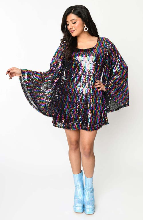 Smak Parlour Angel Sleeve Downtown Scene Mini Fit & Flare Dress In Rainbow Sequin