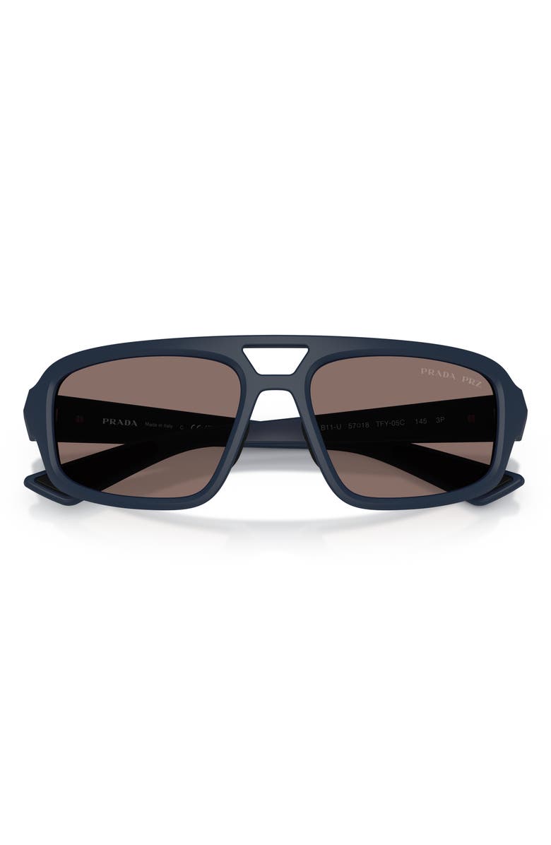 Prada Linea Rossa 57mm Polarized Irregular Sunglasses, Alternate, color, Rubber Blue / Light Brown