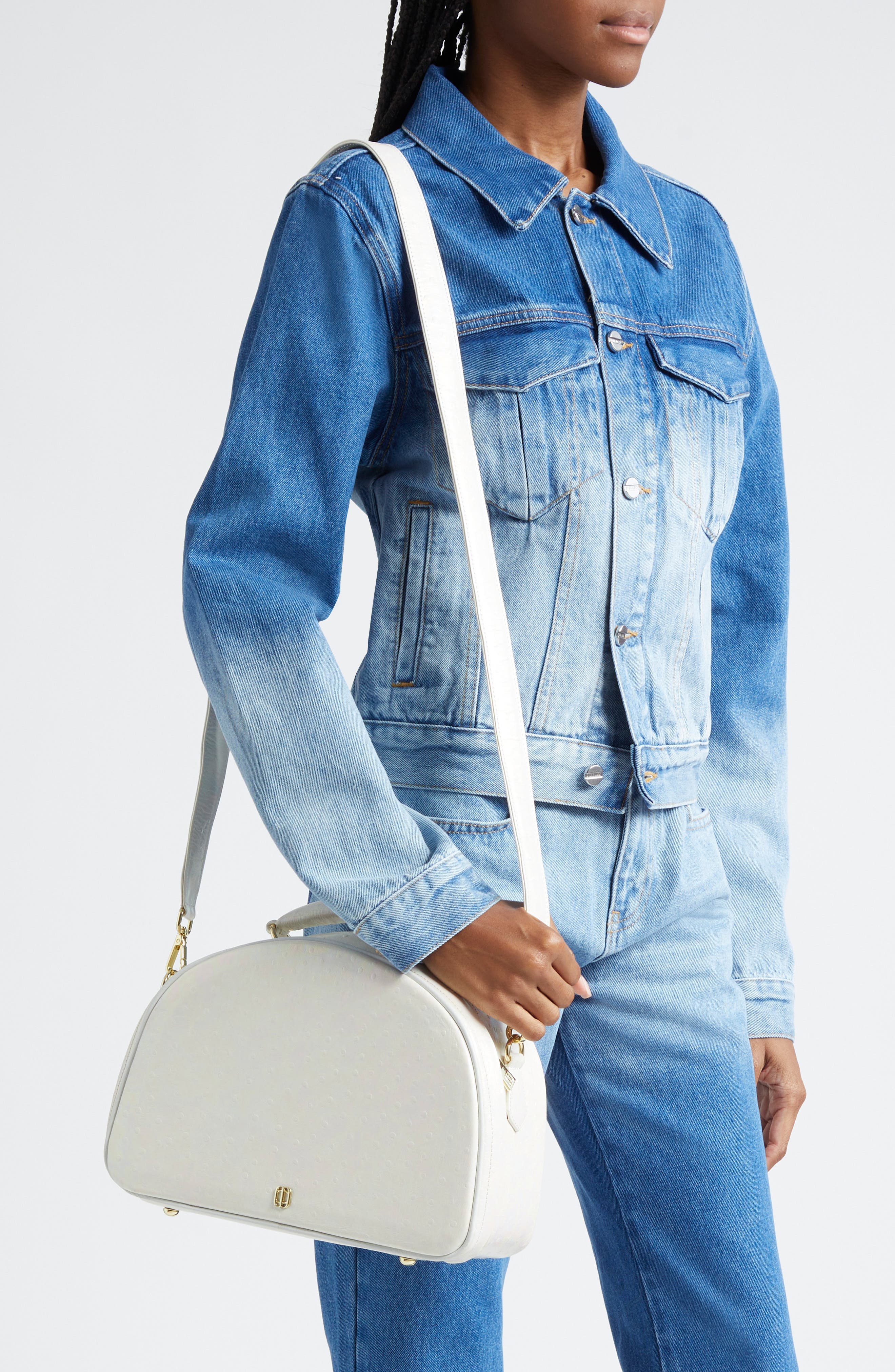 Anima Iris Small Travel Ostrich Embossed Leather Top Handle Bag, Alternate, color, 