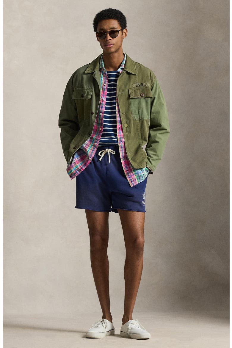 Relaxed Fit Embroidered Fleece Shorts, Alternate, color, DARK COBALT