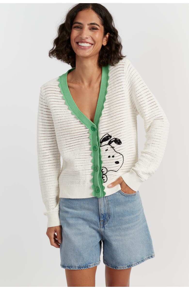 Chinti & Parker Cotton Snoopy Crochet Peekabo Cardigan, Main, color, Cream