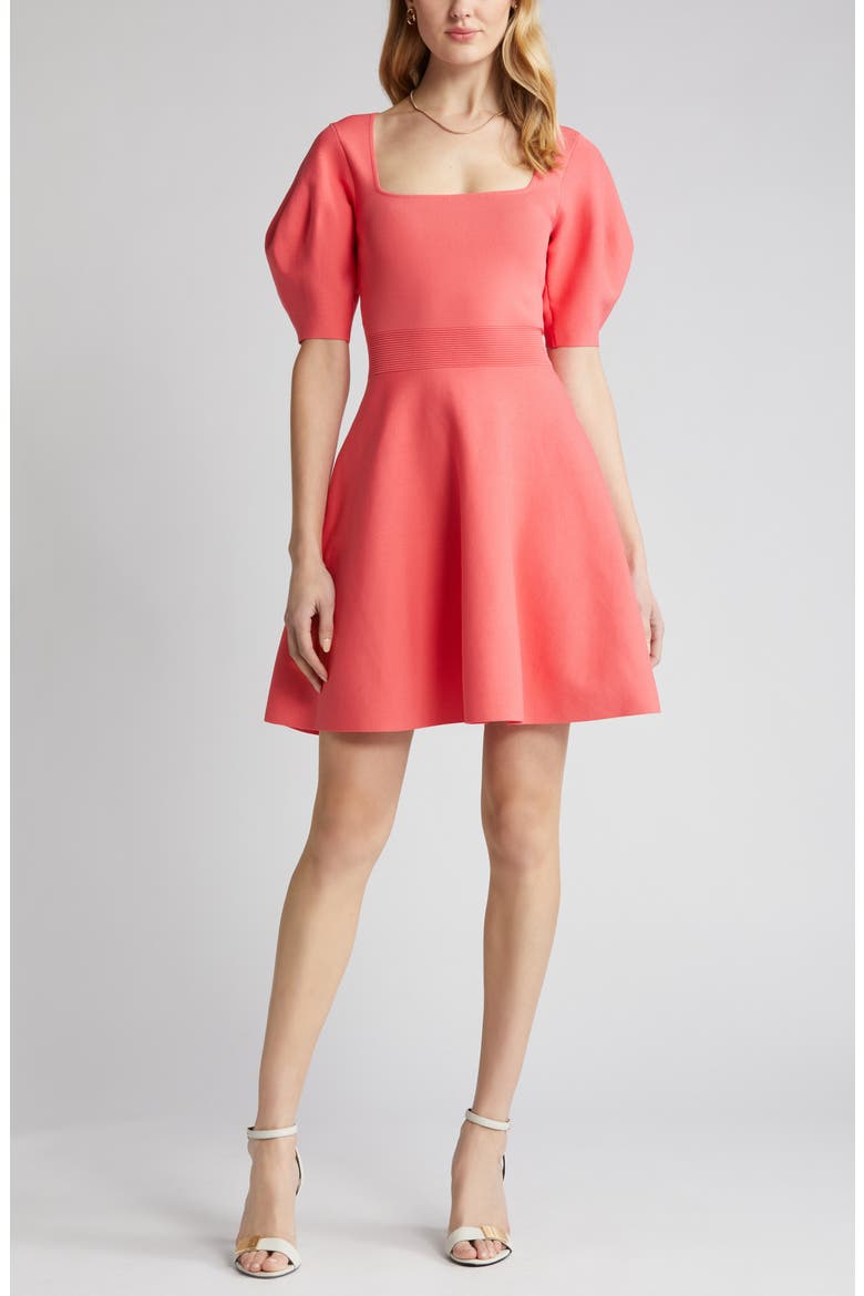 Hayliy Puff Sleeve Knit Skater Dress, Alternate, color, CORAL