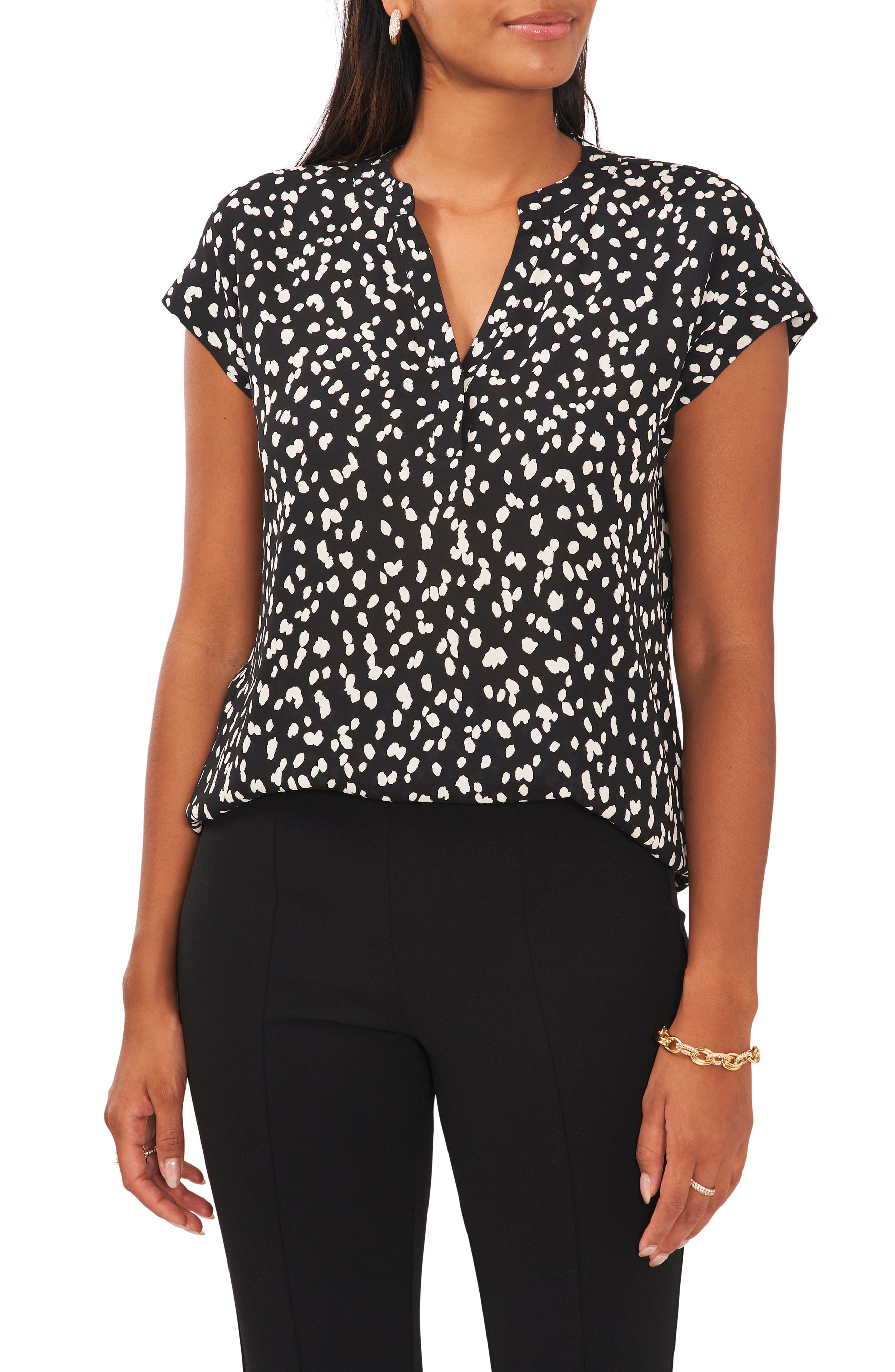 Chaus Split Neck Georgette Blouse in Black/white 010 
