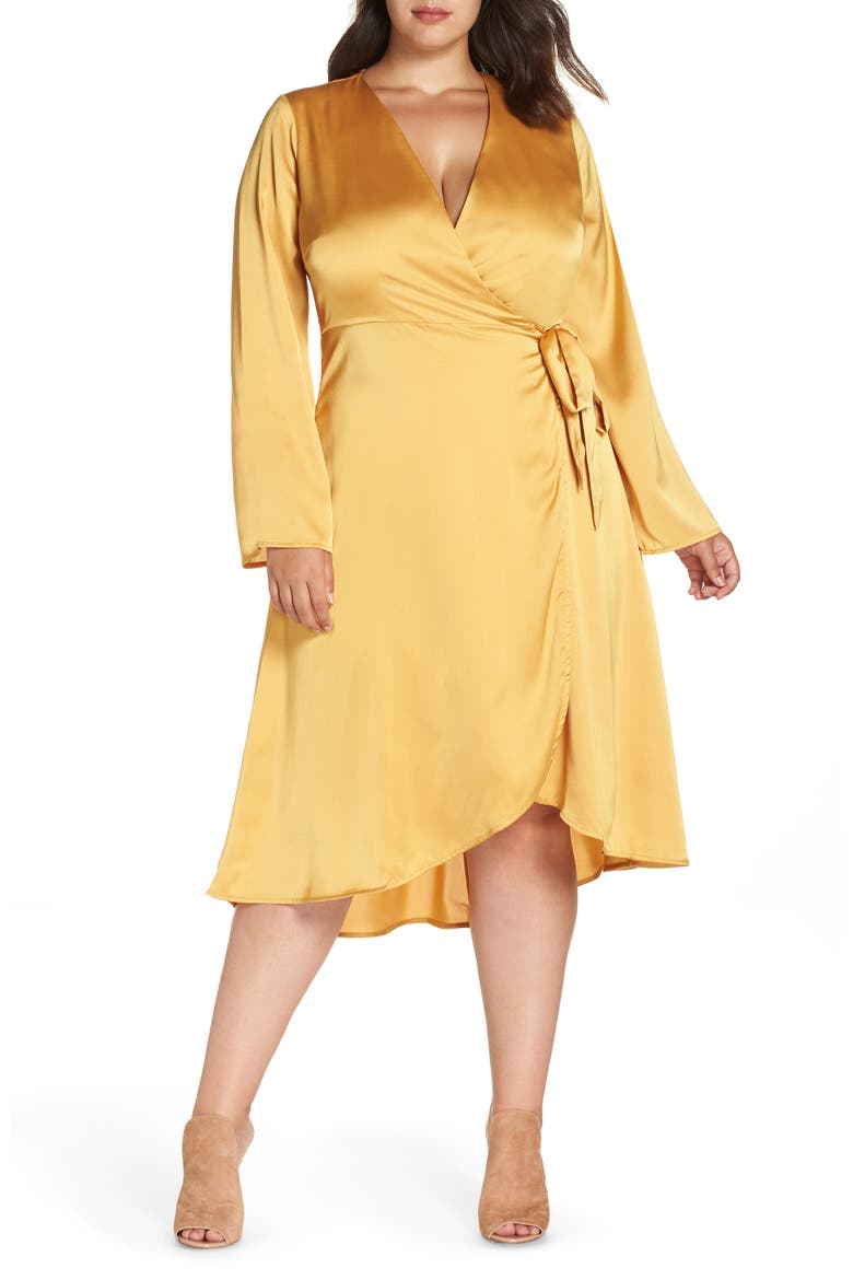 Satin Wrap Dress, Main, color, YELLOW