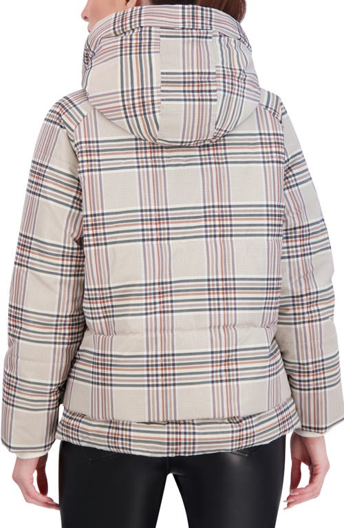 Ookie & Lala Plaid Faux Fur Lined Utility Crop Puffer Hooded Jacket In Camel Plaid
