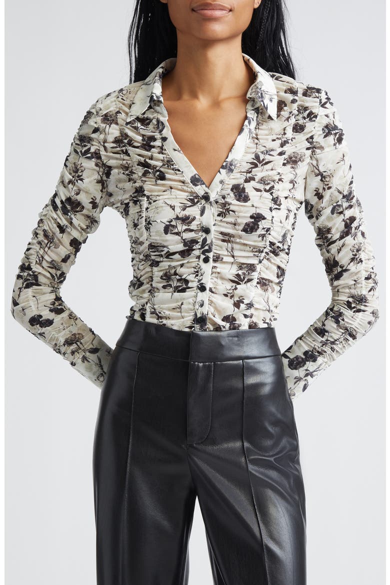 Portia Floral Center Ruched Button-Up Shirt, Main, color, ARDEN FOREST