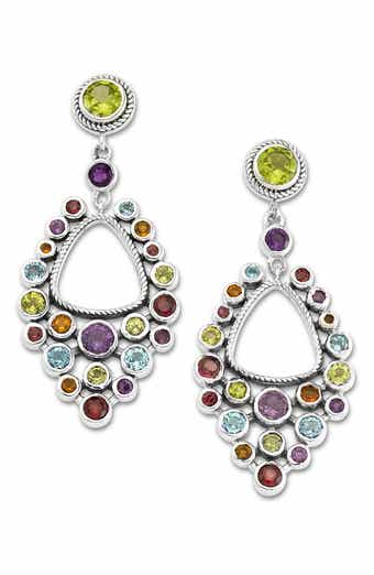 Sterling Silver Semiprecious Stone Cluster Drop Earrings