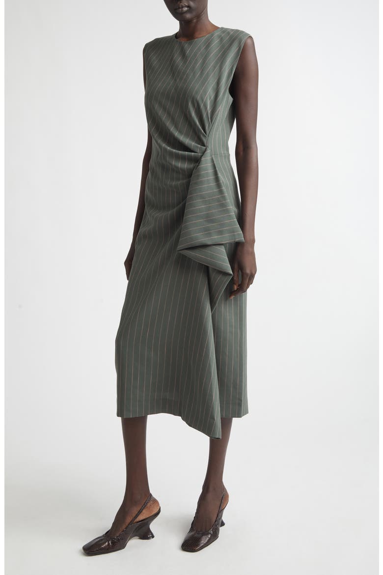 Stripe Draped Wool Crepe Midi Dress, Main, color, FOREST