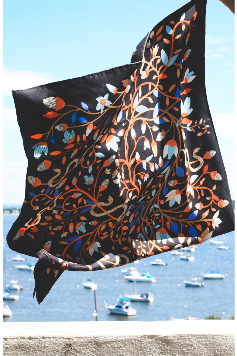 Double Sided Silk Scarf Of Night's Enchanted Garden, Alternate, color, Black
