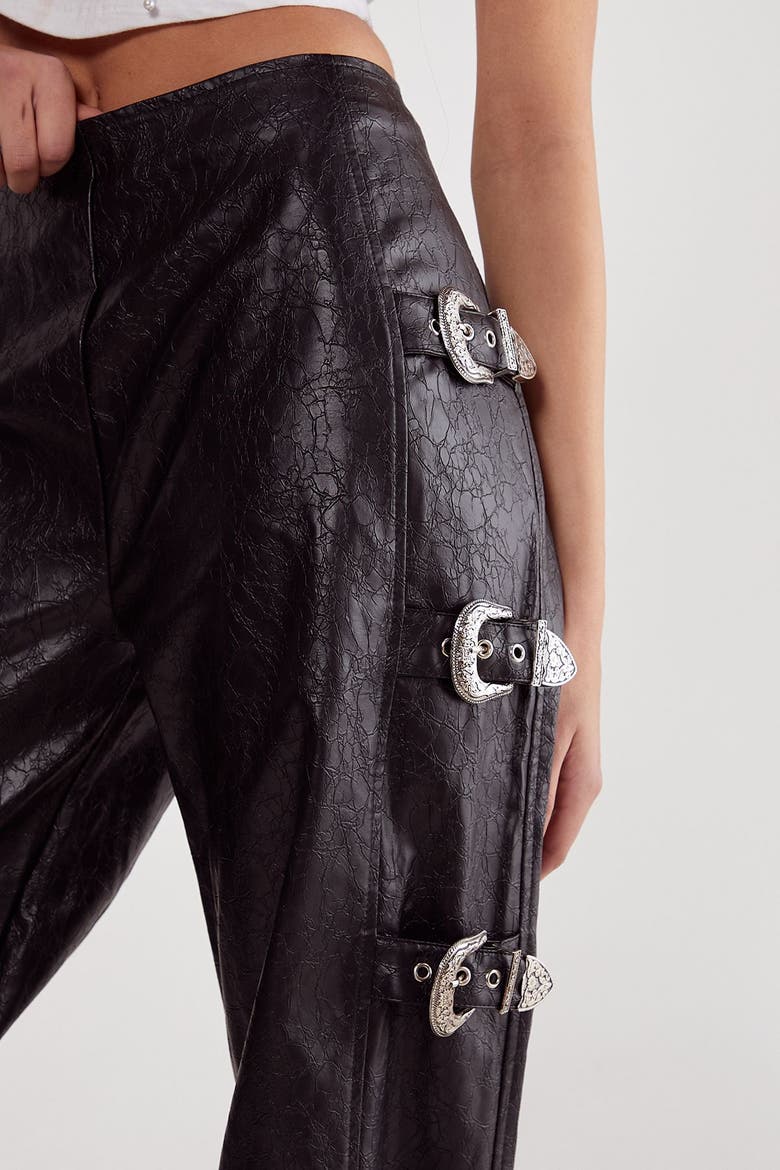 Faux Leather Buckle Detail Pants, Alternate, color, Black