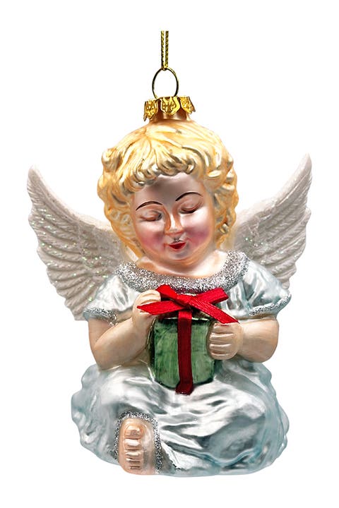 Gift Holding Vintage Angel Glass Ornament