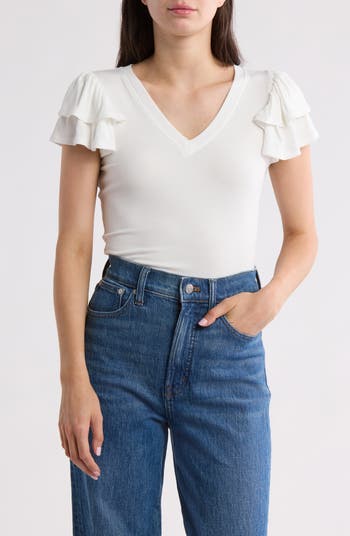 売れ筋商品|||ワンステイト カットソー トップス レディース Women's Tie-Front Flutter-Sleeve V-Neck Top Ultra White 1.STATE Flutter Sleeve Rib Top | Nordstromrack