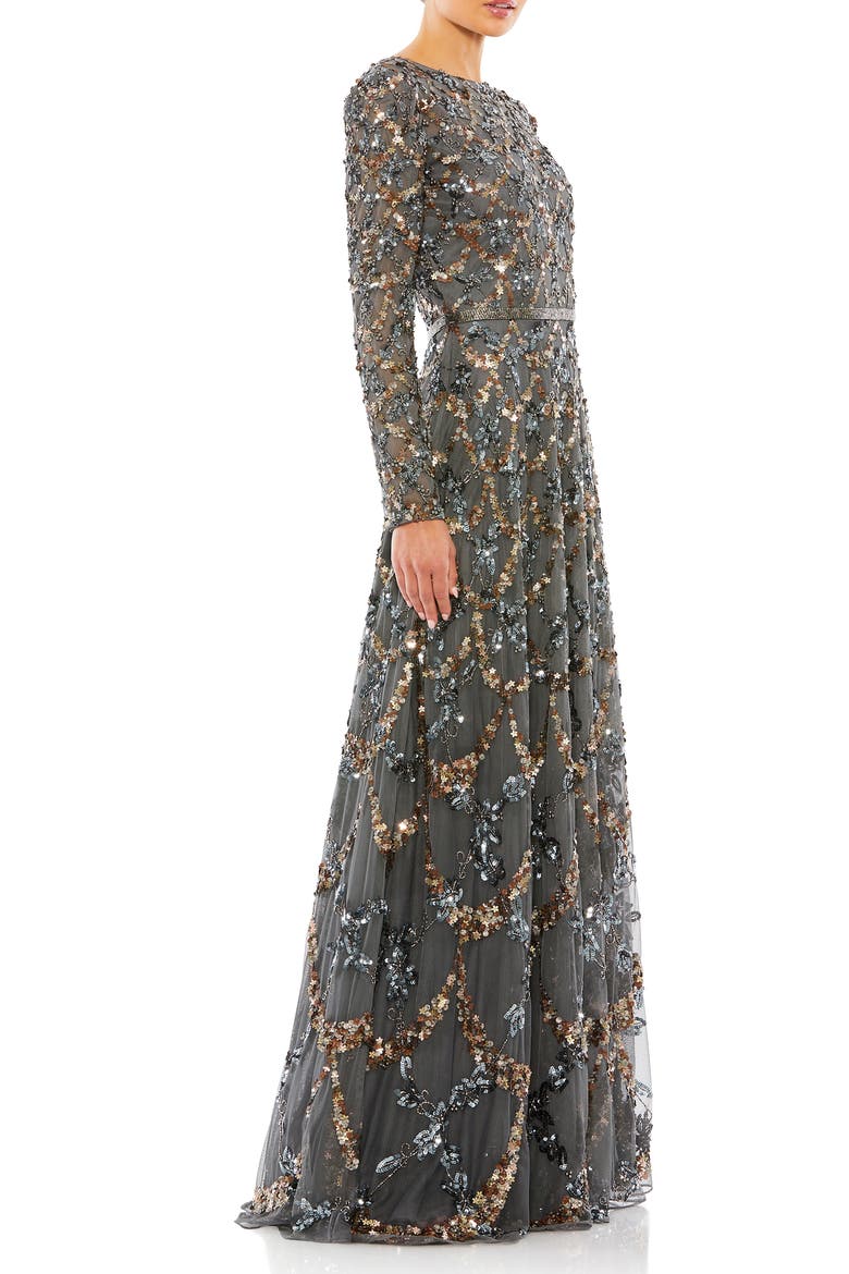 Embellished Illusion High Neck Long Sleeve A Line Gown, Alternate, color, CHARCOAL