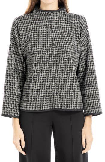Max Studio Plaid Mock Neck Double Knit Top In Black/crm Hashtag Houndstooth