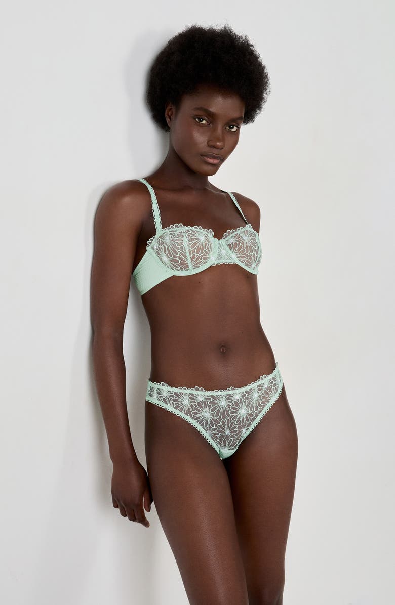 Etam Daisy Embroidered Thong, Alternate, color, Celadon