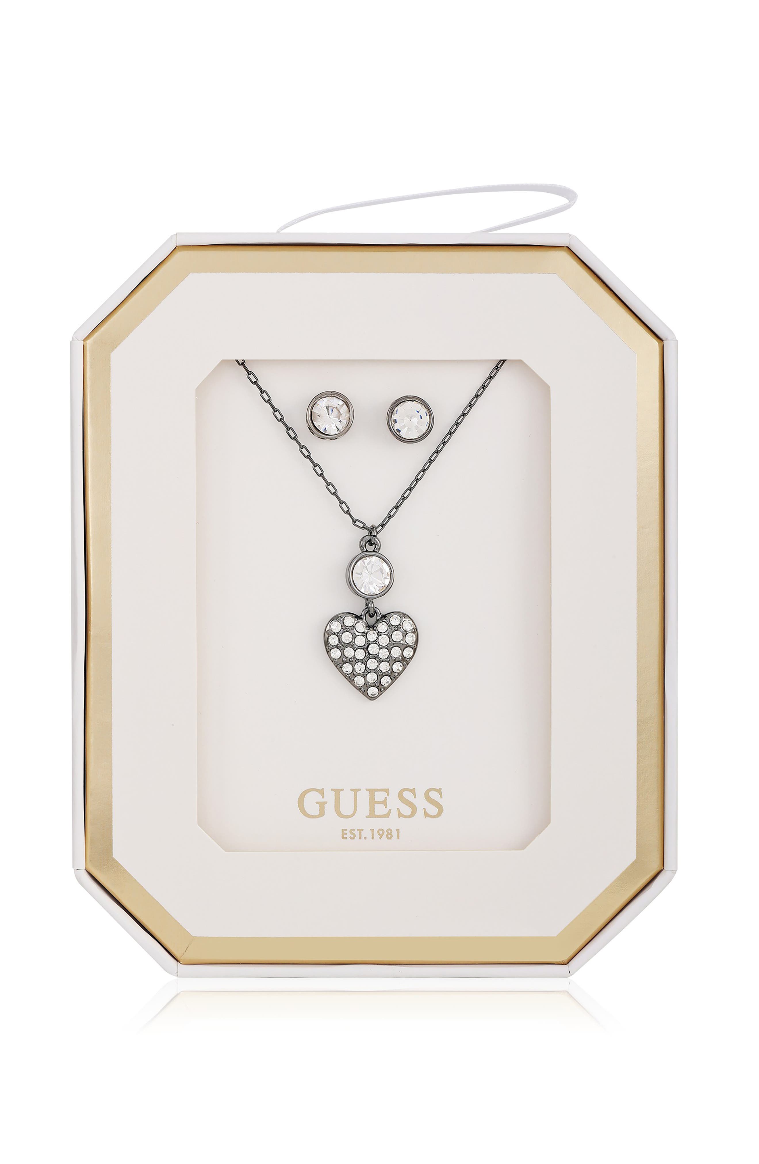 GUESS Crystal Heart Pendant Necklace & Stud Earrings Set